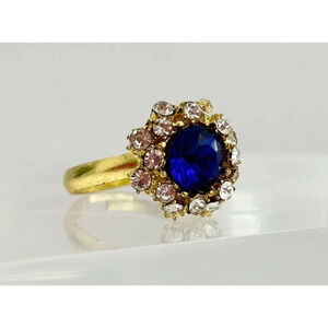 Vintage Gold Tone Blue Gemstone Halo Floral Adjustable Multi Stone Ring - size 9